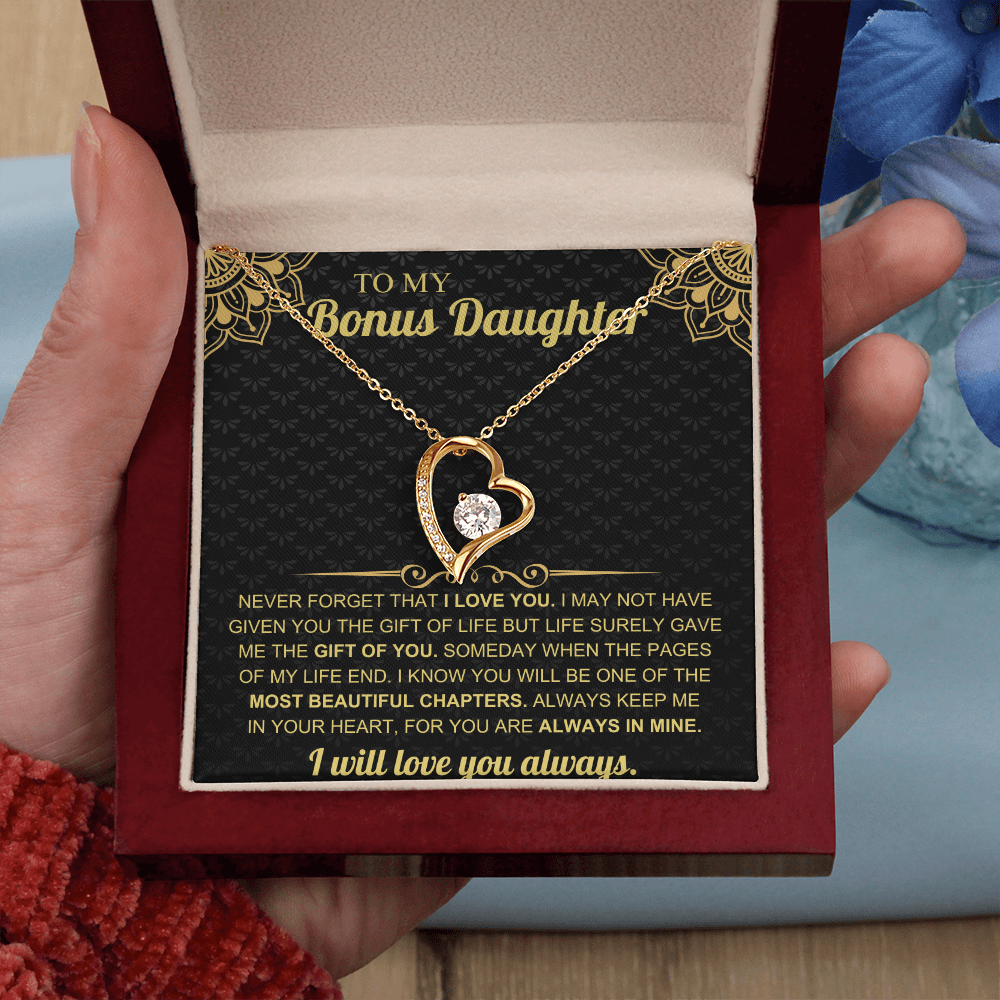 To My Bonus Daughter – Forever Love Heart Necklace with Heartfelt Message Card
