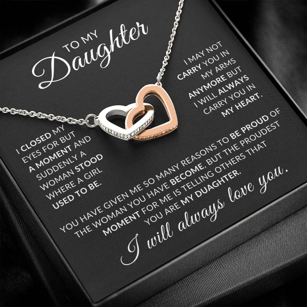 To My Daughter - I Closed My Eyes Interlocking Hearts Pendant With Message Card