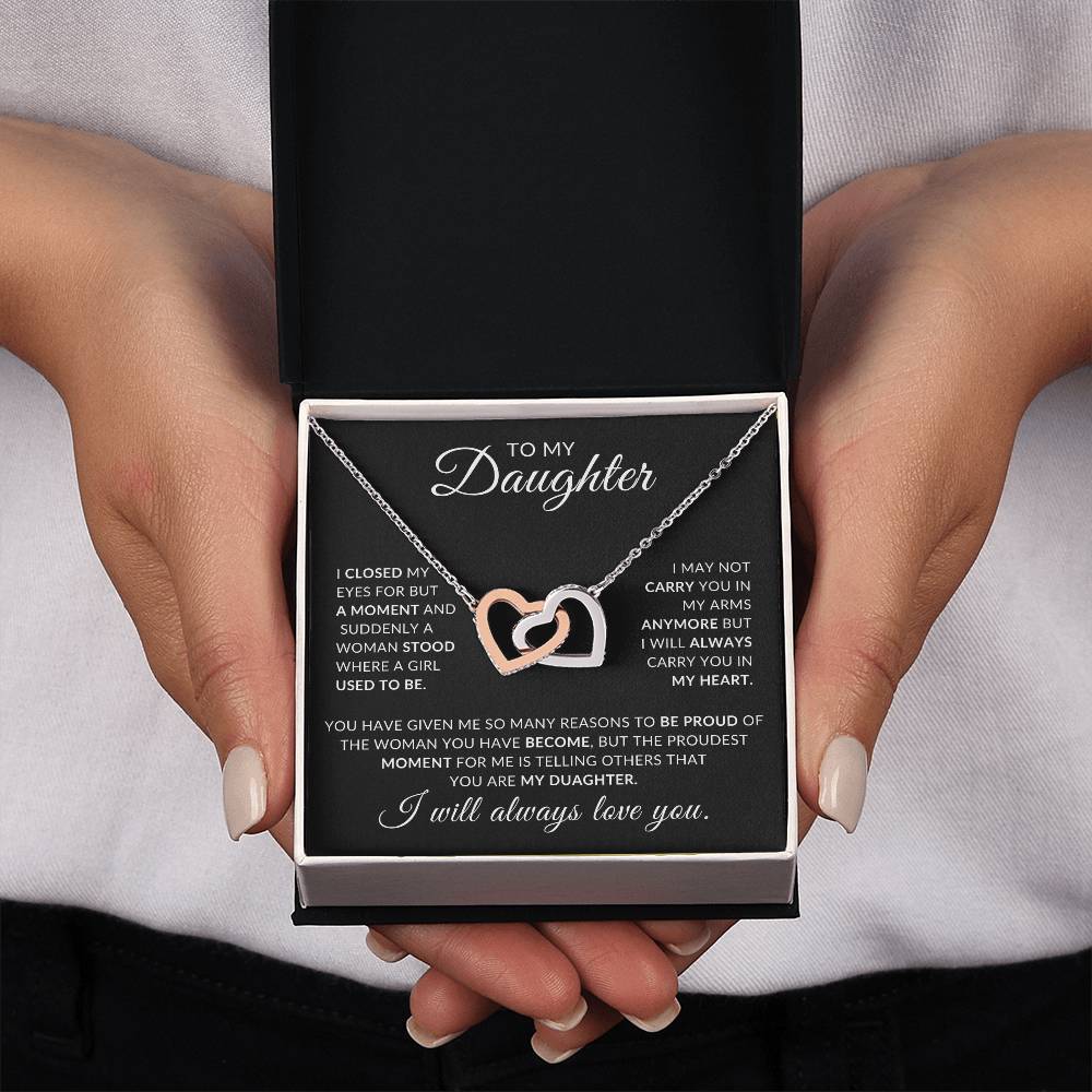To My Daughter - I Closed My Eyes Interlocking Hearts Pendant With Message Card