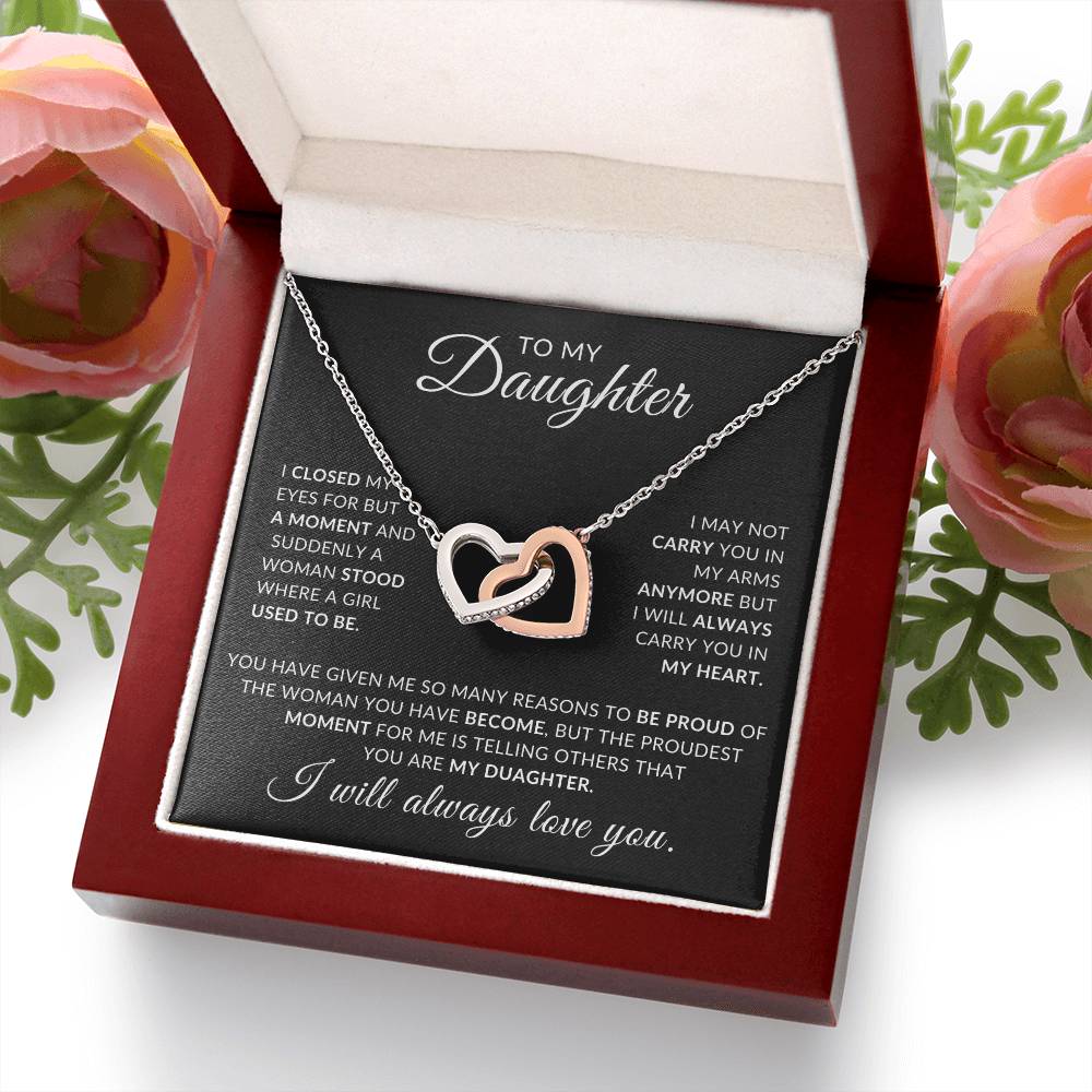 To My Daughter - I Closed My Eyes Interlocking Hearts Pendant With Message Card