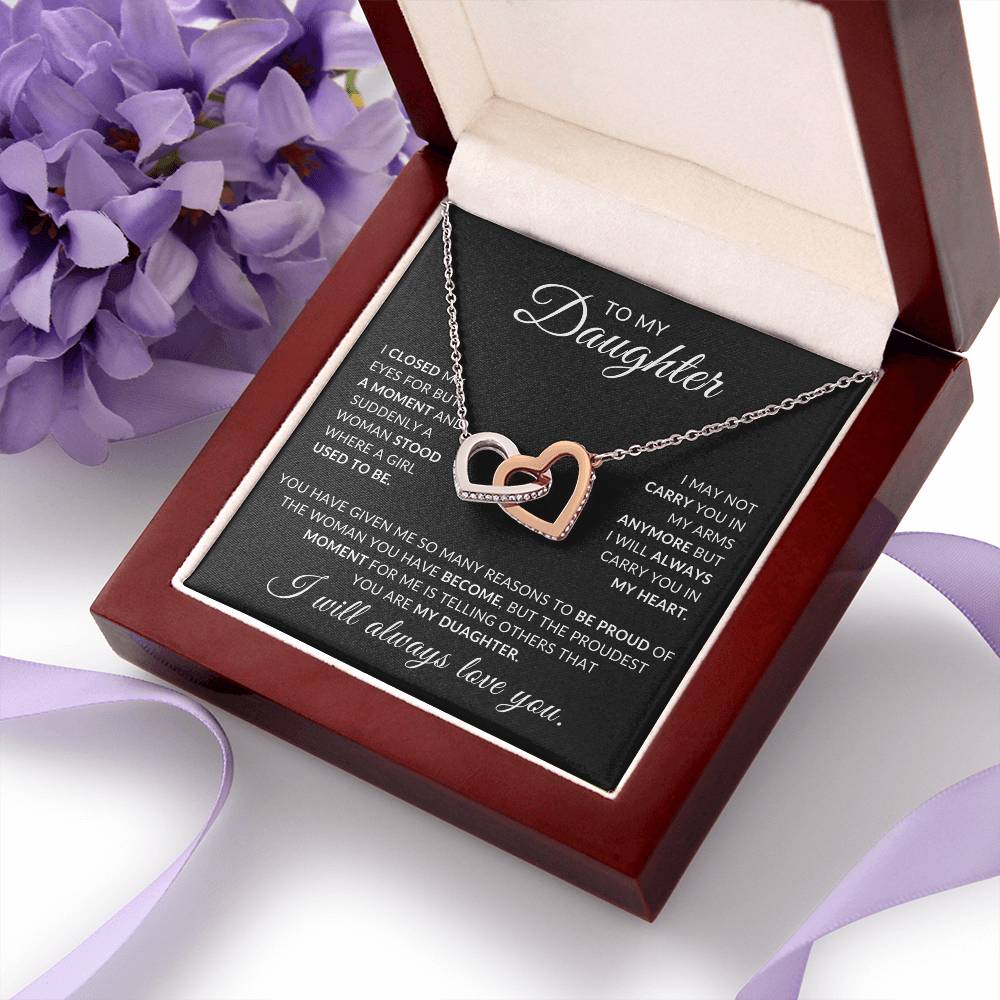 To My Daughter - I Closed My Eyes Interlocking Hearts Pendant With Message Card