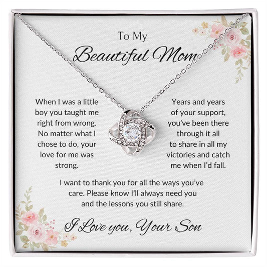 To My Beautiful Mom - When I Was a Little Boy Love Knot Necklace with Message Card