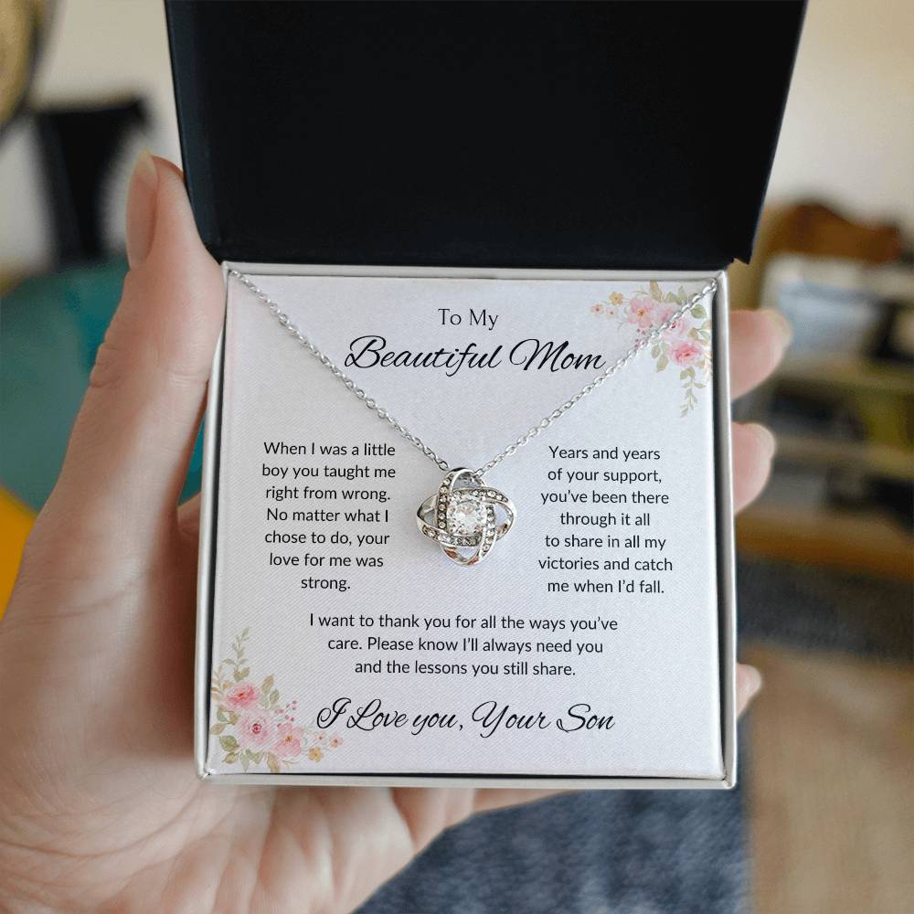 To My Beautiful Mom - When I Was a Little Boy Love Knot Necklace with Message Card
