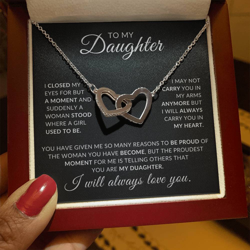 To My Daughter - I Closed My Eyes Interlocking Hearts Pendant With Message Card