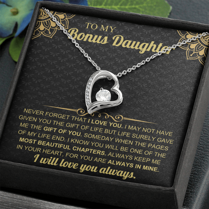 To My Bonus Daughter – Forever Love Heart Necklace with Heartfelt Message Card